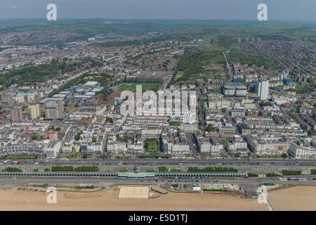 An aerial view looking from the coast to the Kemptown area of Brighton, East Sussex, UK. Stock Photo