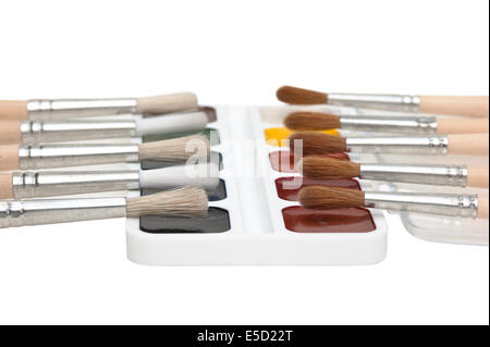 watercolor paints and  brushes isolated on a white  background Stock Photo