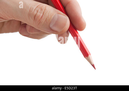 red pencil in hand  isolated on white background Stock Photo