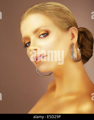 Sophistication. Portrait of Noble Aristocratic Lady with Earrings Stock Photo