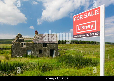 Derelict house in a rural hilltop  situation with 'For Sale' sign Stock Photo