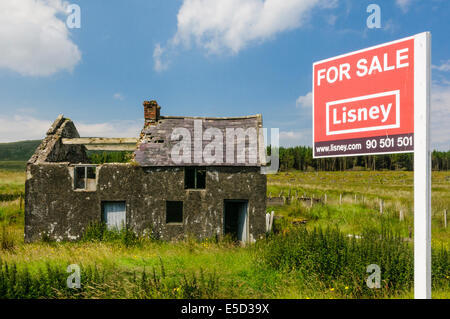Derelict house in a rural situation with 'For Sale' sign Stock Photo