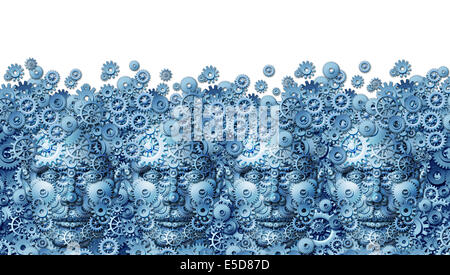 Teamwork concept as a working business group of human heads shaped with machine gears and cog wheels connected together as a technology symbol for future computing collaboration through social media on a white background. Stock Photo