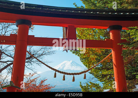 Asia; Japan Honshu Mt Fuji 3776m and Arakura Sengen Jinja torii gate, Shinto shrine, Unesco World Heritage site Stock Photo