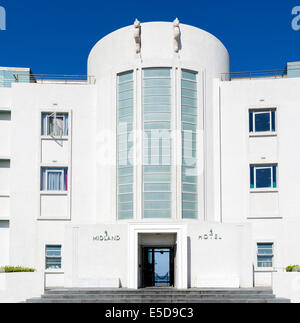 Entrance to the Art Deco Midland Hotel on the promenade in the seaside resort of Morecambe, Lancashire, UK Stock Photo