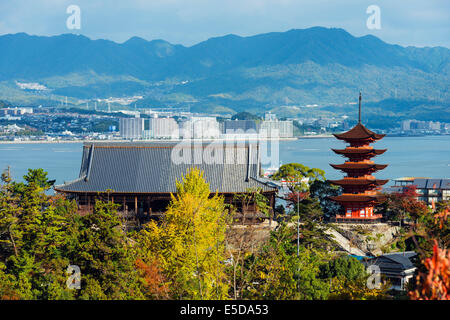 Asia, Japan, Honshu, Hiroshima prefecture, Miyajima Island, pagoda at Itsukushima jinja Shinto Shrine, Unesco site Stock Photo