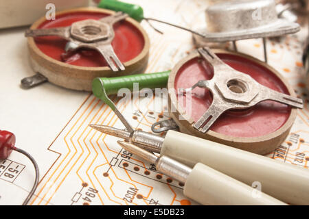 old electronic components on circuit Stock Photo