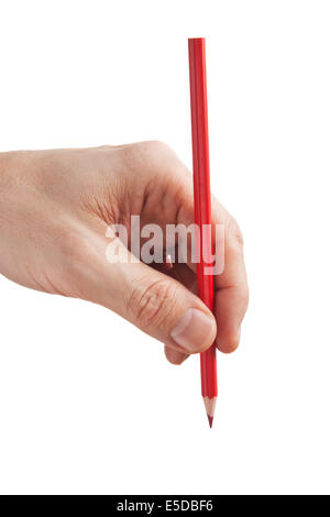 red pencil in hand  isolated on white background Stock Photo