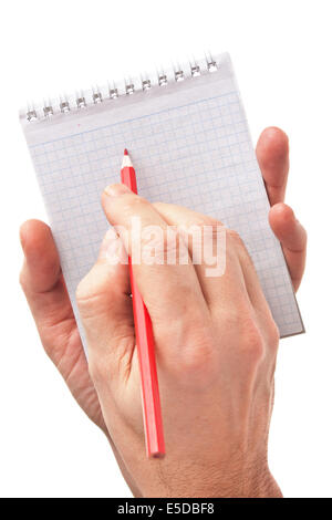 red pencil in hand  isolated on white background Stock Photo