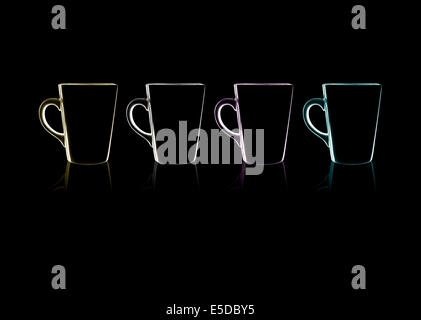 four mugs, four different colours in a line black in yellow, red, blue and white Stock Photo