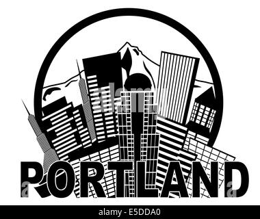 Portland Oregon Abstract Downtown City Skyline with Mount Hood Black and White Isolated on White Background Illustration Stock Photo