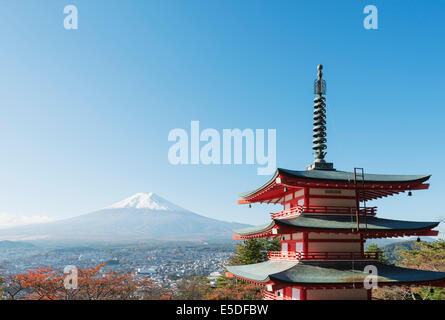 Asia; Japan Honshu Mt Fuji 3776m and Arakura Sengen Jinja Shinto shrine, Unesco World Heritage site Stock Photo