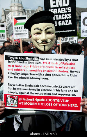 Demonstration against Israeli bombing of Gaza, 26.07.2014. A protester wearing an 'Anonymous mask'  holds a placard Stock Photo