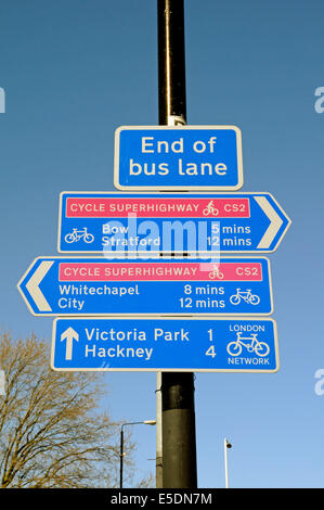 Cycle route signs, Mile End, London Borough of Tower Hamlets, England Britain UK