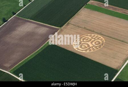 Raisting, Germany. 28th July, 2014. Visitors walk thorugh a crop circle in a wheat field near Raisting, Germany, 28 July 2014. A balloonist had discovered the crop circle about a week ago. Photo: Karl-Josef Hildenbrand/dpa/Alamy Live News Stock Photo