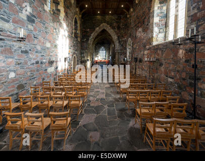 The interior of Iona Abbey, an historic abbey located on the Isle of Iona, just off the Isle of Mull. It is one of the oldest Stock Photo