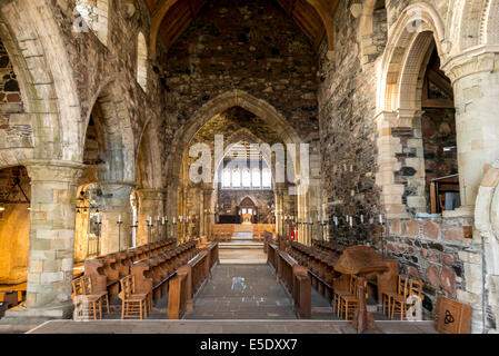 The interior of Iona Abbey, an historic abbey located on the Isle of Iona, just off the Isle of Mull. It is one of the oldest Stock Photo