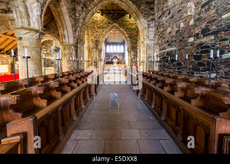 The interior of Iona Abbey, an historic abbey located on the Isle of Iona, just off the Isle of Mull. It is one of the oldest Stock Photo