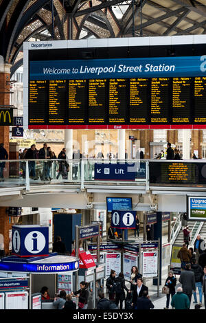 Welcome to Liverpool Street Station is the main message on the departures board at the station of the same name. Stock Photo