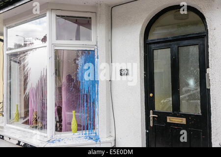 Belfast, Northern Ireland. 29th July, 2014. The homes of three Slovakian familes were attacked, windows broken on houses and cars, and racist graffiti sprayed on around a dozen walls. Around six masked men carried out the attack around 11pm. Nobody was hurt in any of the attacks. Credit:  Stephen Barnes/Alamy Live News Stock Photo