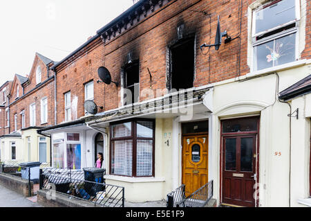 Belfast, Northern Ireland. 29th July, 2014. The homes of three Slovakian familes were attacked, windows broken on houses and cars, and racist graffiti sprayed on around a dozen walls. Around six masked men carried out the attack around 11pm. Nobody was hurt in any of the attacks. Credit:  Stephen Barnes/Alamy Live News Stock Photo