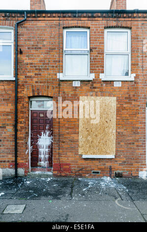 Belfast, Northern Ireland. 29th July, 2014. The homes of three Slovakian familes were attacked, windows broken on houses and cars, and racist graffiti sprayed on around a dozen walls. Around six masked men carried out the attack around 11pm. Nobody was hurt in any of the attacks. Credit:  Stephen Barnes/Alamy Live News Stock Photo