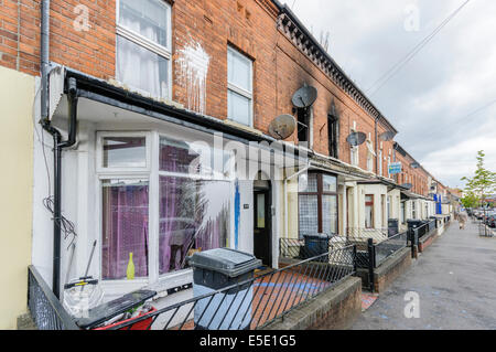 Belfast, Northern Ireland. 29th July, 2014. The homes of three Slovakian familes were attacked, windows broken on houses and cars, and racist graffiti sprayed on around a dozen walls. Around six masked men carried out the attack around 11pm. Nobody was hurt in any of the attacks. Credit:  Stephen Barnes/Alamy Live News Stock Photo