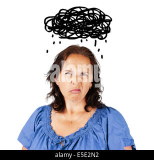 Grumpy middle aged woman with dark cloud over head Stock Photo