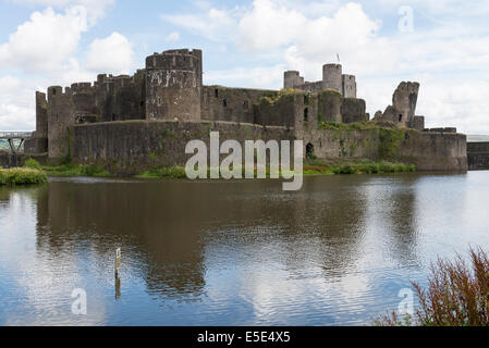 Caerphilly Castle and it's famous leaning tower, Mid Glamorgan, South Wales, UK on a summers day. Stock Photo