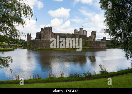 Caerphilly Castle and it's famous leaning tower, Mid Glamorgan, South Wales, UK on a summers day. Stock Photo