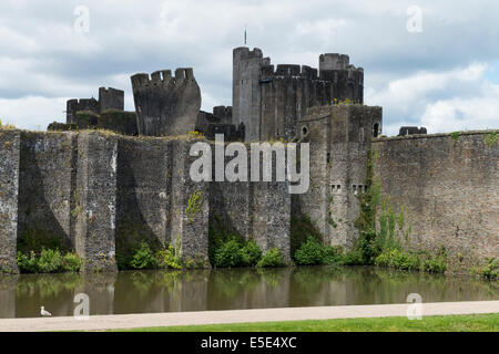 Caerphilly Castle and it's famous leaning tower, Mid Glamorgan, South Wales, UK on a summers day. Stock Photo