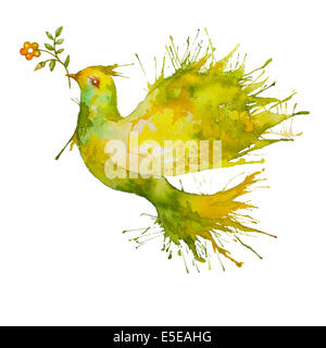 Watercolor Green Dove flying with flower branch - symbol of peaсe and nature Stock Photo