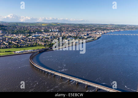 Aerial view over Dundee, Scotland with the River Tay and Road and Rail Bridges visible