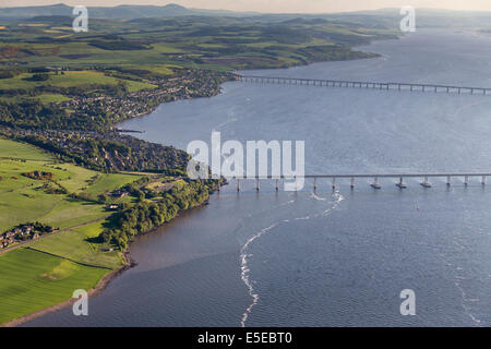 Aerial view over Dundee, Scotland with the River Tay and Road and Rail Bridges visible