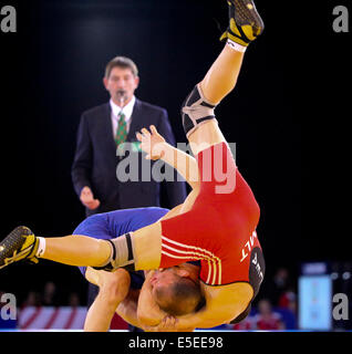 SECC Glasgow Scotland 29 Jul 2014. Commonwealth Games day 6. Men's and Women's wrestling rounds. Mike Grundy ENG beats David Galea MLT Credit:  ALAN OLIVER/Alamy Live News Stock Photo