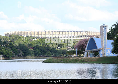 The church of St. Francis with the Minerao World Cup football stadium behind in Pampulha, Belo Horizonte, Brazil Stock Photo