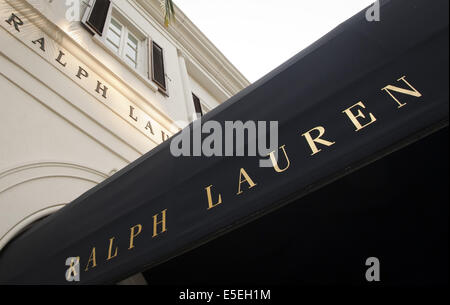 June 21, 2014 - Beverly Hills/Los Angeles, California, U.S - Ralph Lauren opened his first boutique, 'Polo,' on Rodeo Drive in 1971.  Lauren, working as a tie salesmen, designed his own tie using rags and remnants, he quit his job and sold his ties on his own using 'Polo' as a brand name. ---Rodeo Drive, in the heart of Beverly Hills, is a two-way, two mile long, north south city street with a mix of small to large luxury homes, city parks and green areas as well as world class high end signature flagship stores and shops with globally known luxury goods at it's south end.---Beverly Hills, ran Stock Photo