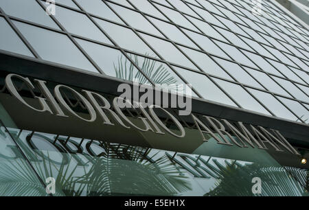 June 23, 2014 - Beverly Hills/Los Angeles, California, U.S - Italian fashion designer Giorgio Armani, working his way up from window dresser, began his own label in 1975 before moving on to producing high quality 'Ready to Wear' menswear in 1978.---Rodeo Drive, in the heart of Beverly Hills, is a two-way, two mile long, north south city street with a mix of small to large luxury homes, city parks and green areas as well as world class high end signature flagship stores and shops with globally known luxury goods at it's south end.---Beverly Hills, ranch land originally known as Rancho Rodeo de  Stock Photo