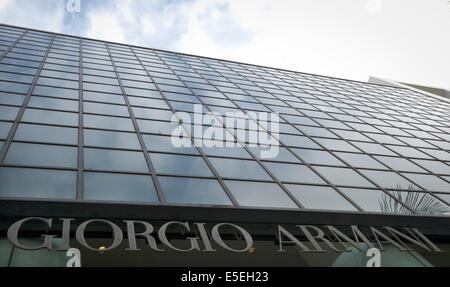 June 21, 2014 - Beverly Hills/Los Angeles, California, U.S - Italian fashion designer Giorgio Armani, working his way up from window dresser, began his own label in 1975 before moving on to producing high quality 'Ready to Wear' menswear in 1978.---Rodeo Drive, in the heart of Beverly Hills, is a two-way, two mile long, north south city street with a mix of small to large luxury homes, city parks and green areas as well as world class high end signature flagship stores and shops with globally known luxury goods at it's south end.---Beverly Hills, ranch land originally known as Rancho Rodeo de  Stock Photo