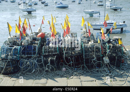 France, Bretagne, cotes d'armor, cote du goelo, saint quay portrieux, port a maree basse, tas de casiers, peche crustaces, Stock Photo