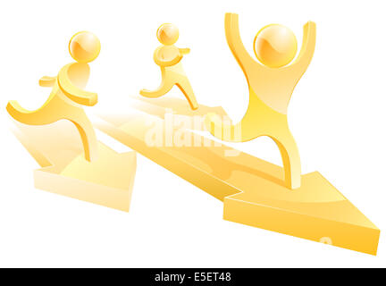 Gold people running a race on arrows, concept for business competition Stock Photo