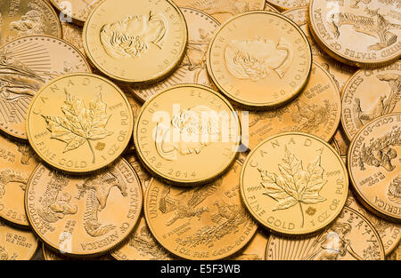 Gold eagle one troy ounce golden coins from US Treasury mint and Canadian Gold Maple Leaf coins Stock Photo