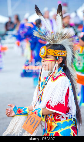 Native American boy takes part at the 25th Annual Paiute Tribe Pow Wow Stock Photo