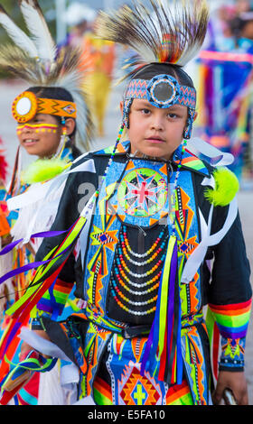 Native American boy takes part at the 25th Annual Paiute Tribe Pow Wow Stock Photo