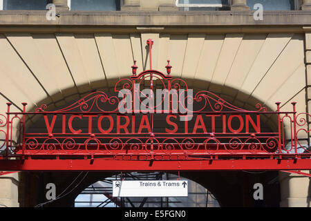Wrought ironwork above the entrance to Victoria Railway Station in Manchester, UK. Stock Photo