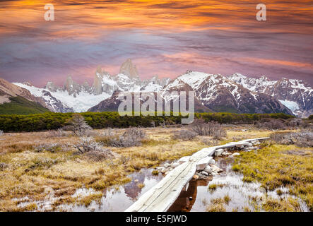 Footbridge in Andes, Fitz Roy mountain range, Patagonia, Argentina Stock Photo