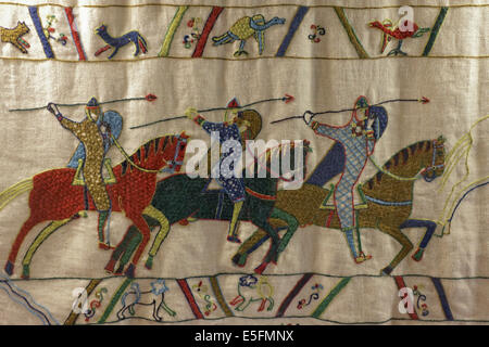 Three Norman knights on horseback, embroidered carpet, Pirou Tapestry, Pirou Castle, Lessay, Cotentin, Département Manche Stock Photo