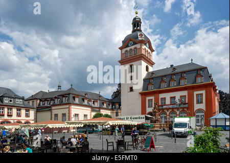 Baroque Schloss Weilburg castle with Weilburg church and historic town hall, market square, old town, Weilburg, Hesse, Germany Stock Photo