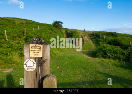 Footpath sign on a gate post on the Shropshire Way footpath, Brown Clee Hill, Shropshire, England, UK Stock Photo