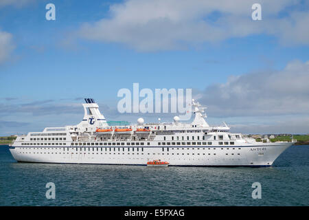 Large ocean cruise liner ship MS Astor anchored at sea off shore in Stornoway outer harbour, Isle of Lewis Outer Hebrides Western Isles Scotland UK Stock Photo